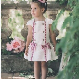 Girls White Textured Dress with Pink Ribbon Bows